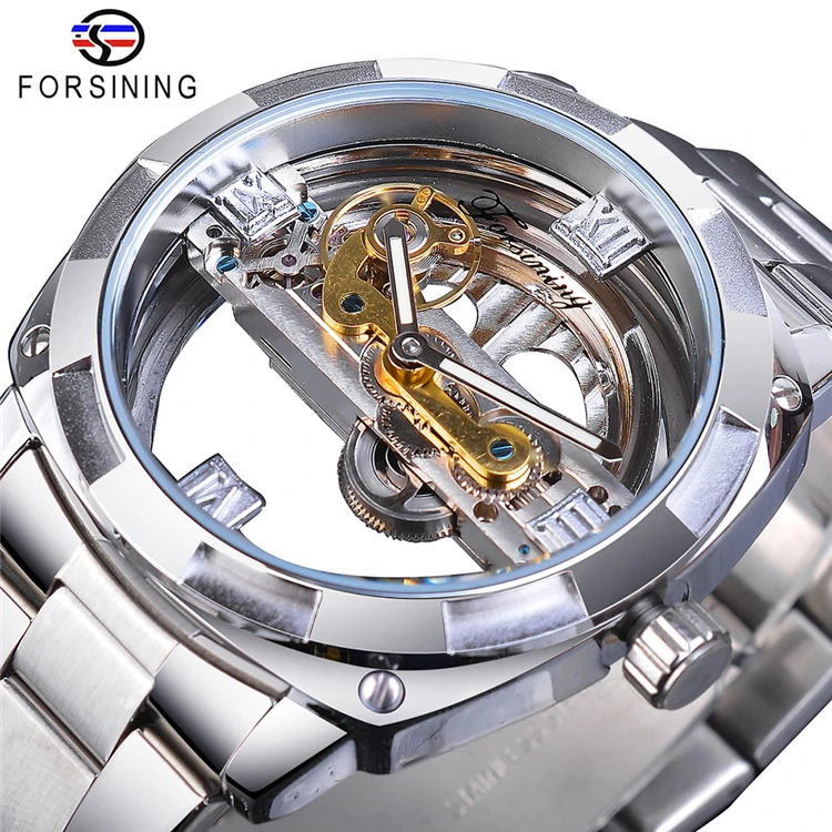 Forsining Watch GMT1165 Men Transparent Design Mechanical Silver Gear Skeleton stainless steel automatic watches men