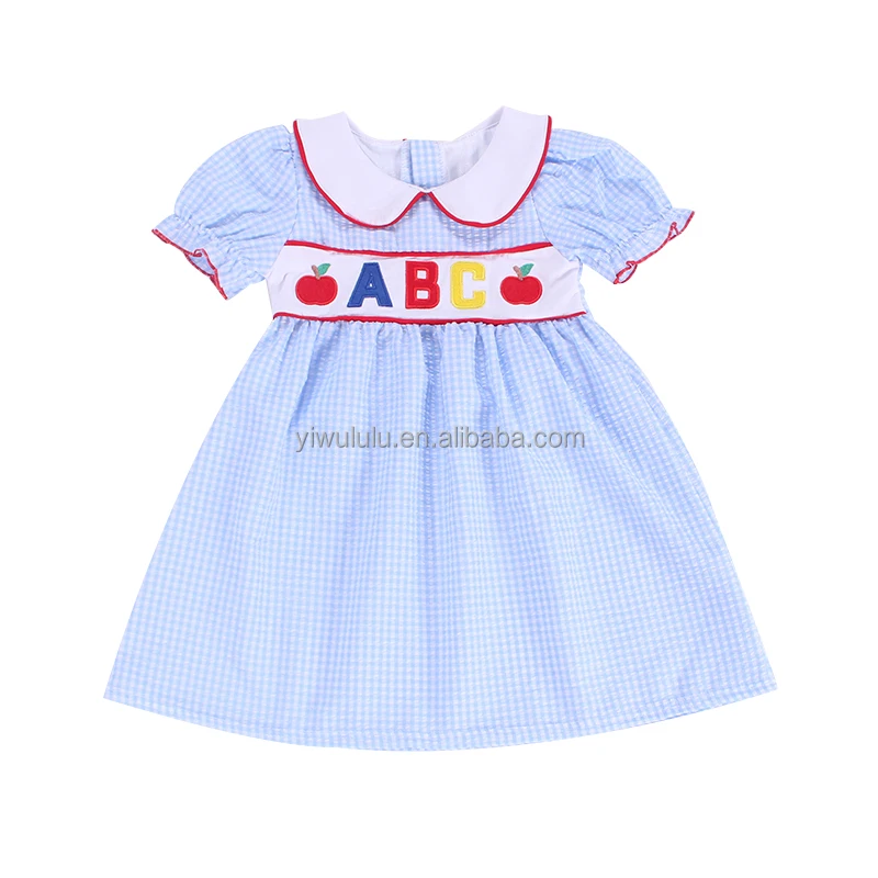 short sleeve blue seesucker peter pan collar teen girls back to school dress