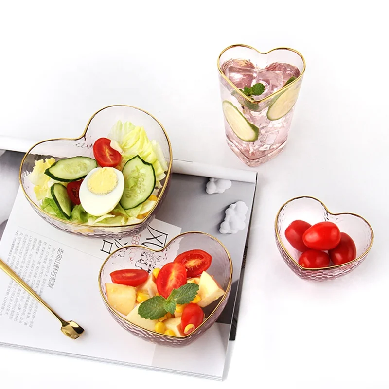 Customize Heart Shape Gold Rim Bowls For Glass Salad Mixing Fruit Kitchenware Microwave Safe Tableware Pink Glass Salad Bowl