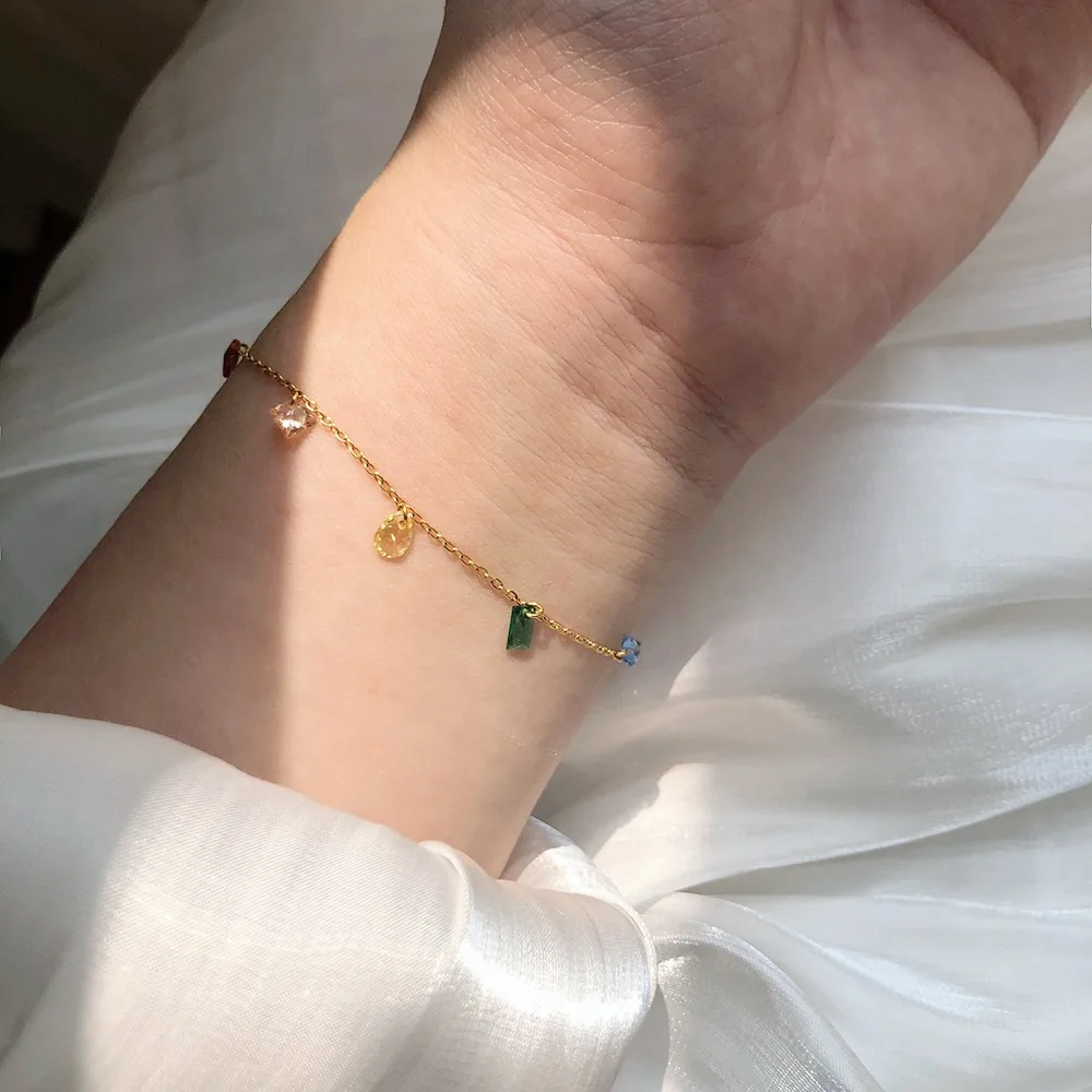 Summer Fantasy Rainbow Rhinestone Bracelet Girl Titanium Steel Plated 18K Gold Color Preservation Handmade Jewelry