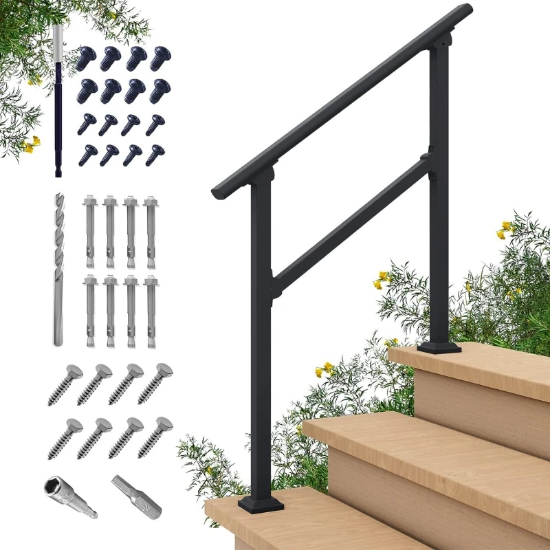 Customize Black Metal Heavy Duty Stair Railing Indoor Wall Mounted Iron Staircase Handrail Hand Railings Kit for Garage Basement