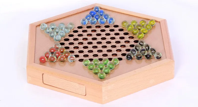 Premium Large Wooden Hexagon Drawer Checkers Set with Glass or Acrylic Pieces