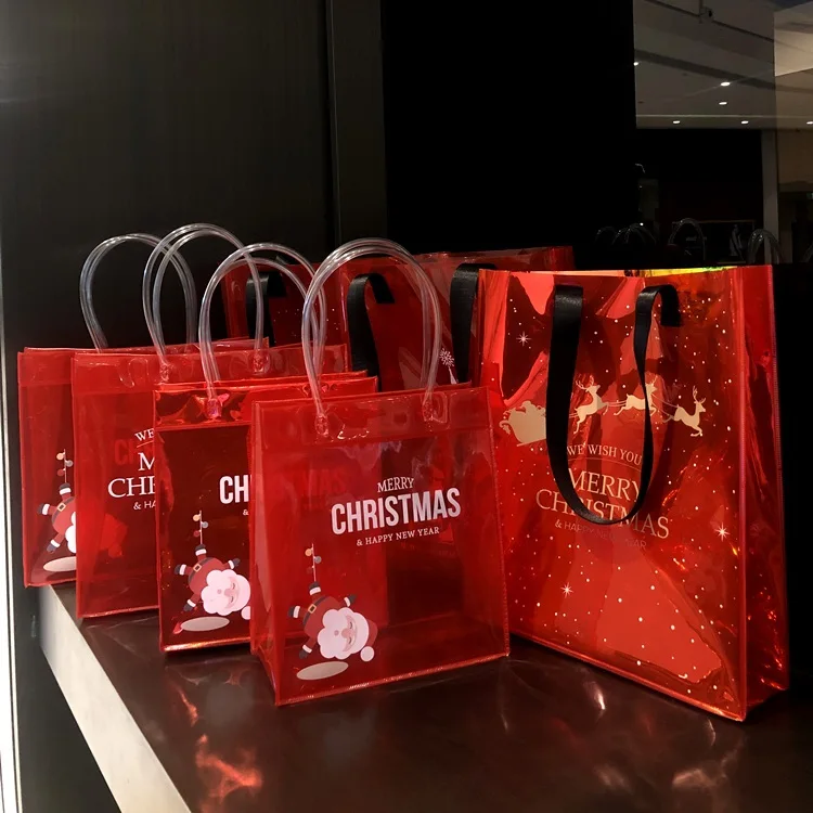 Hot sale  red PVC Tote Gift Bag Shopping Jelly Christmas Thanksgiving Organizer Bags wedding gift Packaging Bag