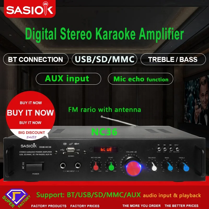 NC36 AC/DC 2 источника питания BT/USB/SD/MMC/AUX аудио вход Цифровой синий зуб караоке усилитель динамик Профессиональный FM радио/светодиод.