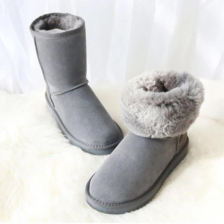 Fashion Popular Soft Warm Mid Calf Genuine Fur Indoor Flat Ladies Sheepskin Snow Winter Boots