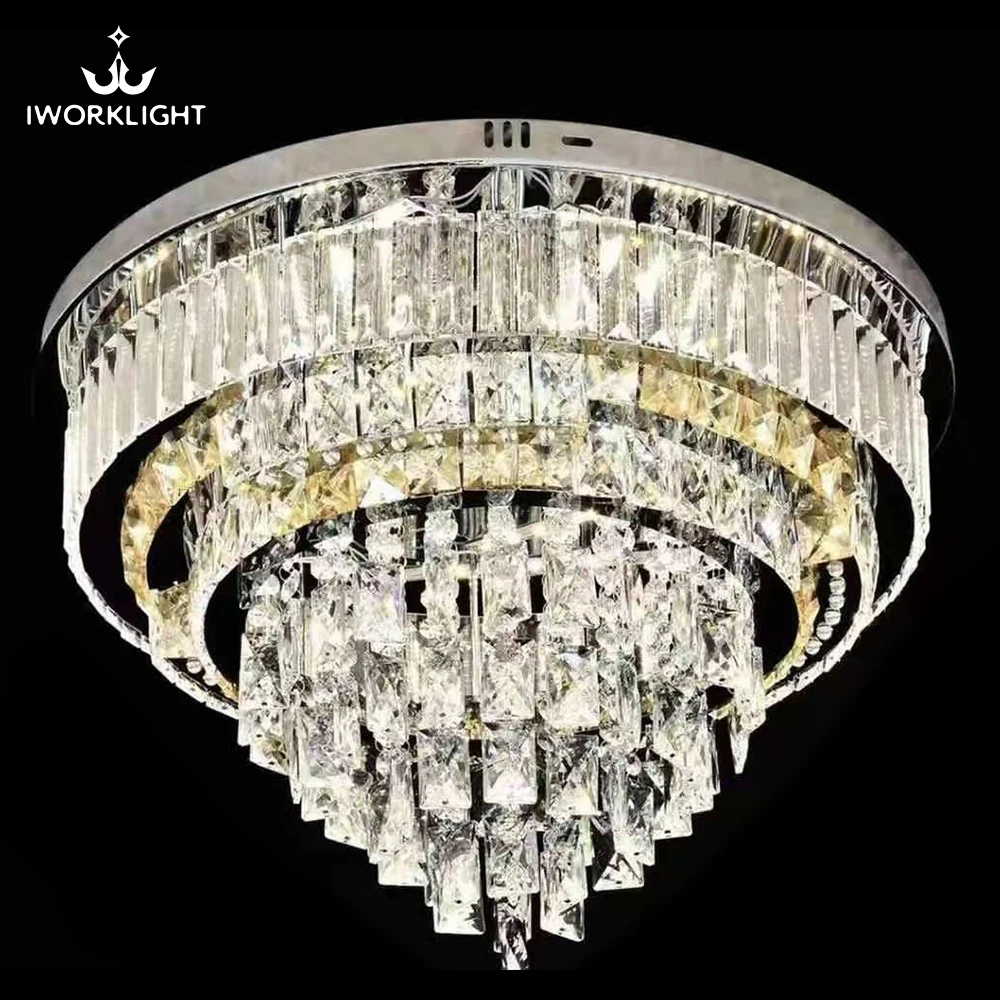 IWORK Fashion Indoor Crystal Decor Round Modern Led Ceiling Light For Living Room Crystal Ceiling Lamp