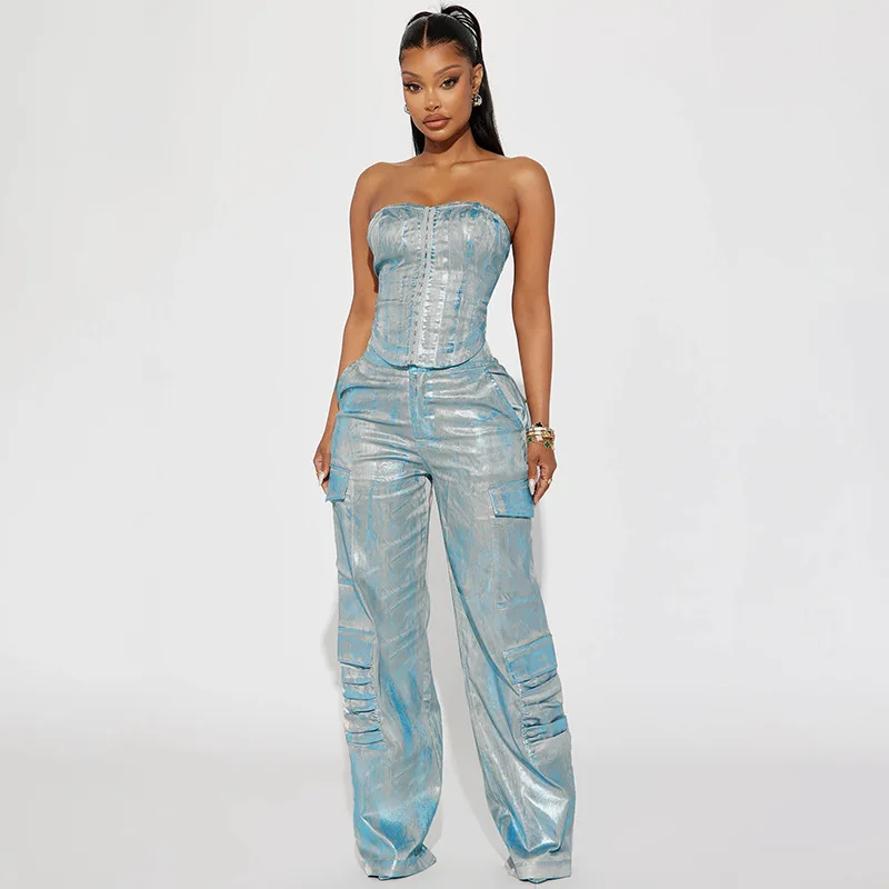 Kilig 2023 Tight Vest For Women High Waist Cowboy Cargo Pants Fashion Two Piece Set Women Clothing