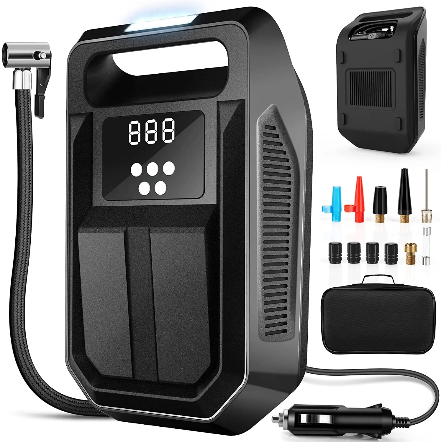 Tire Inflator Portable Air Compressor 12V DC Car Air Pump with Digital Display LED Light Auto Shut Off Function  Set of Nozzle