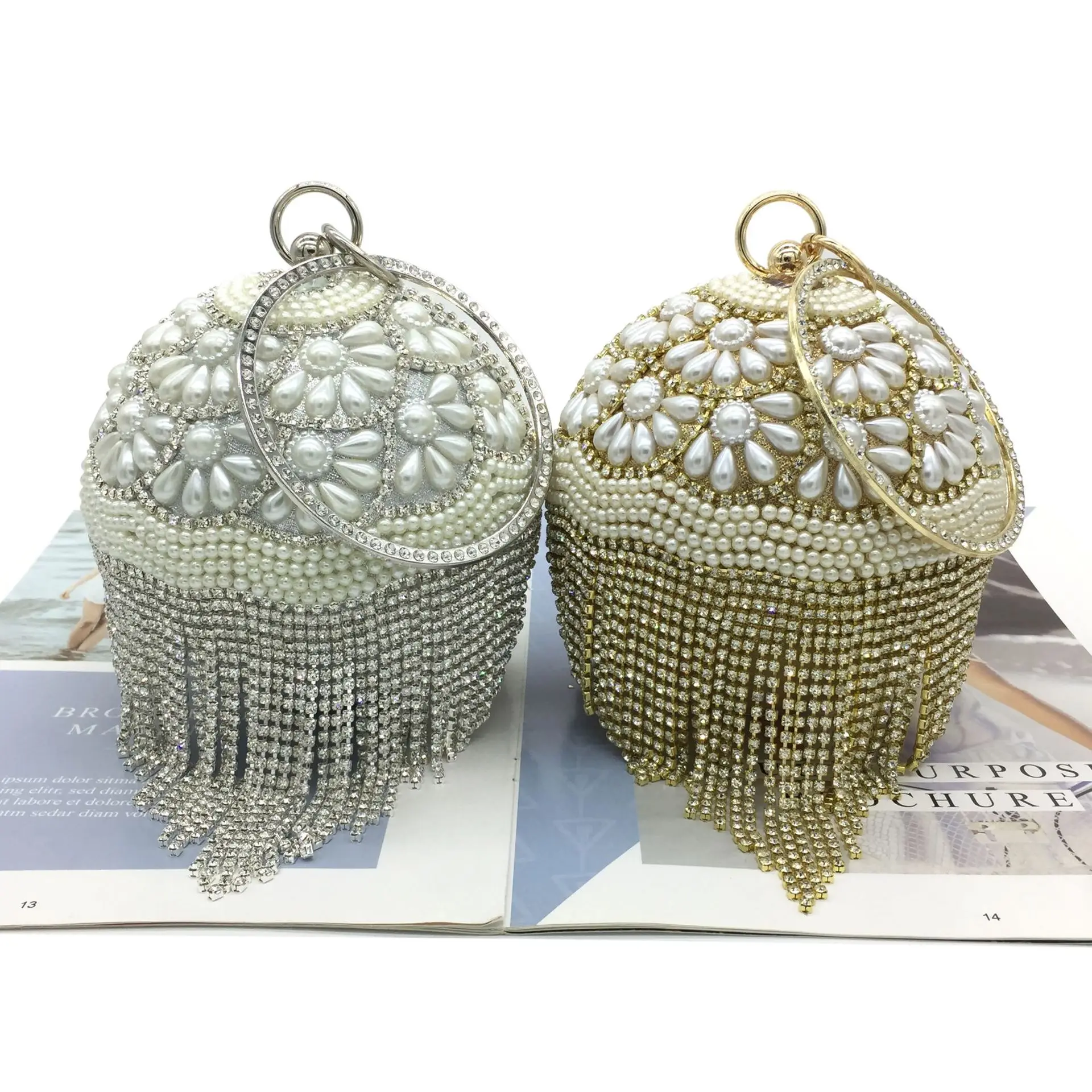 Newest woman gold glitter women tassel party silver purse diamond handbags wedding luxury round ball ladies evening bag