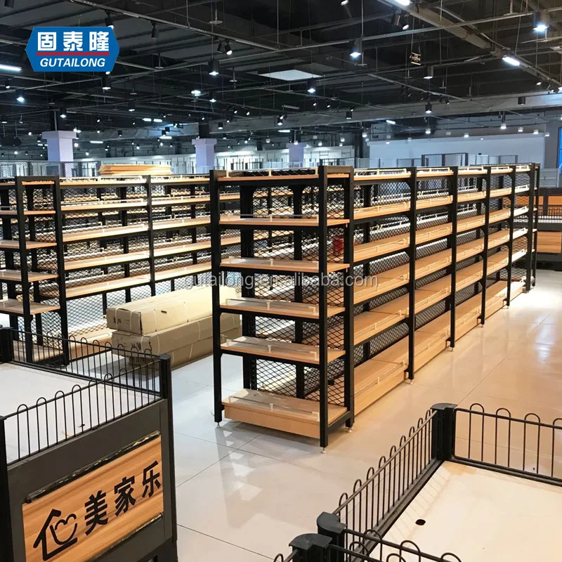 store shelf steel wooden shelves supermarket wood gondolas