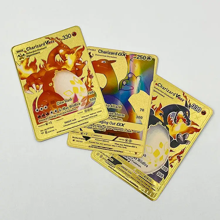 Bozhan High Quality Custom Cheap Wholesale Stainless Steel Metal Gold Game Cards Charizard 1st Pokemoned Cards Vmax