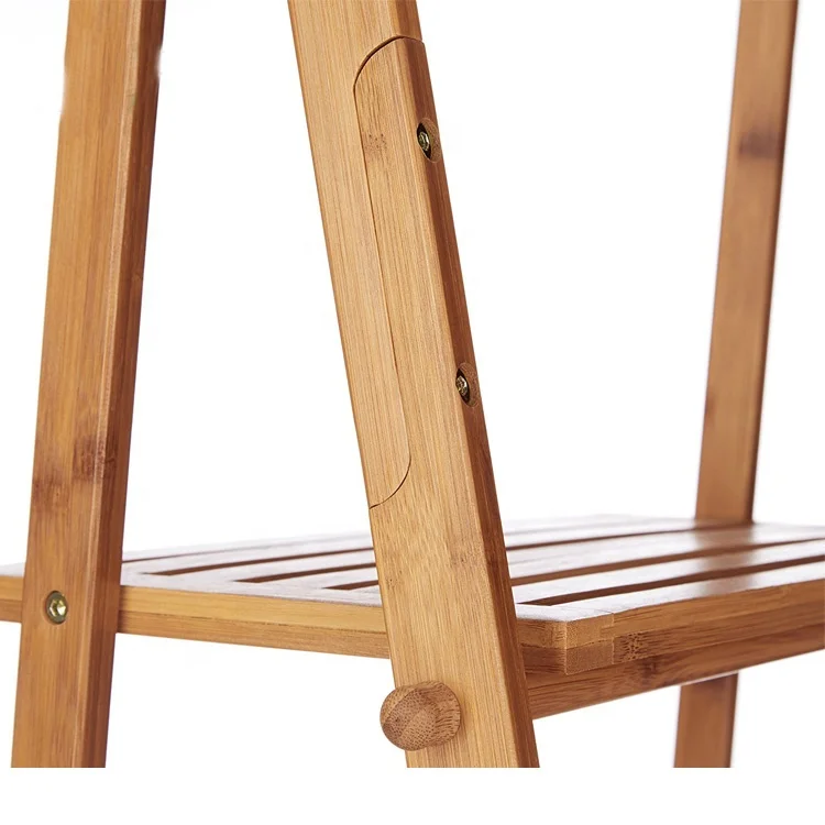 Wholesale bathroom furniture standing natural bamboo wood 3 tier corner storage ladder shelf towel rack