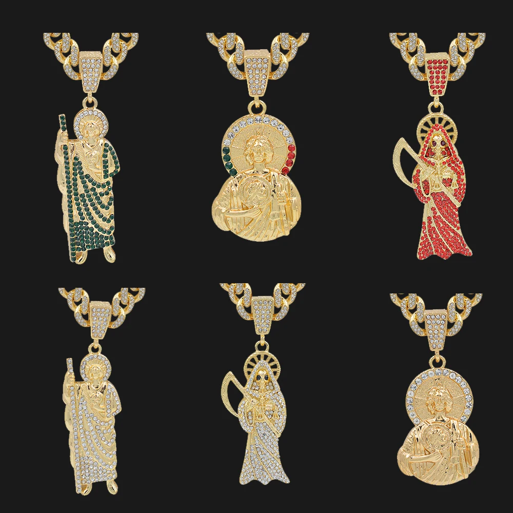 Hip Hop Iced Out Moisannite Silver Gold Plated San Judas Holy Maria Saint Benedict Cross Candy Bear Pendant Stainless Steel