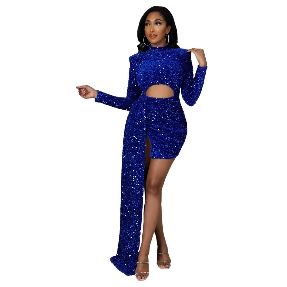 2022 Female Long Sleeve Velvet Patchwork Sequins Sexy Women Dinner Dress Lady Hollow Evening Party Club Prom Mini Dresses