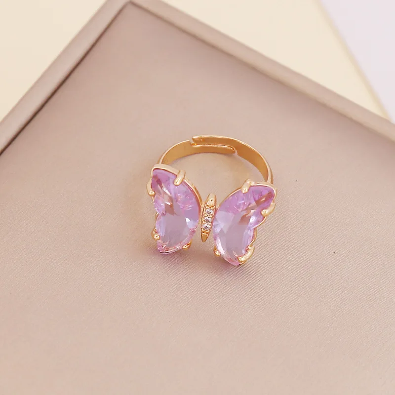 Brass Delicate Colorful Crystal Open Butterfly Rings Simple Banquet Wedding Finger Rings For Women Gift