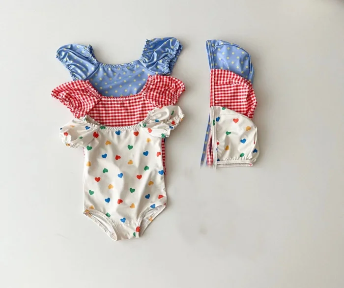 INS Newborn Baby Girls Swimsuit Summer Beach Romper Swimwear Costume With Hat Child Kids Bubble Sleeve Outfits Swimming Clothes