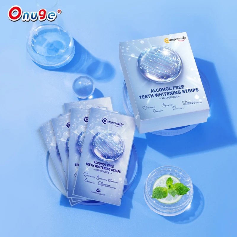 Teeth whitening dry strips for sensitive teeth onuge custom mint flavoured strips teeth whitening with 28 pcs custom logo