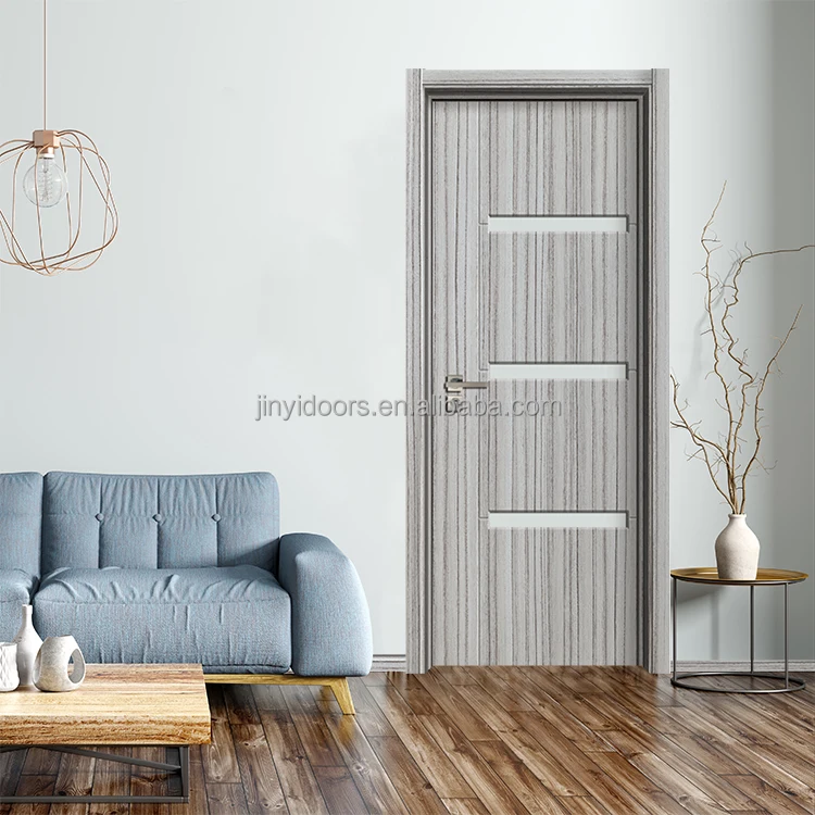2022 JINY High quality modern solid core wooden interior flush door built-in frosted glass
