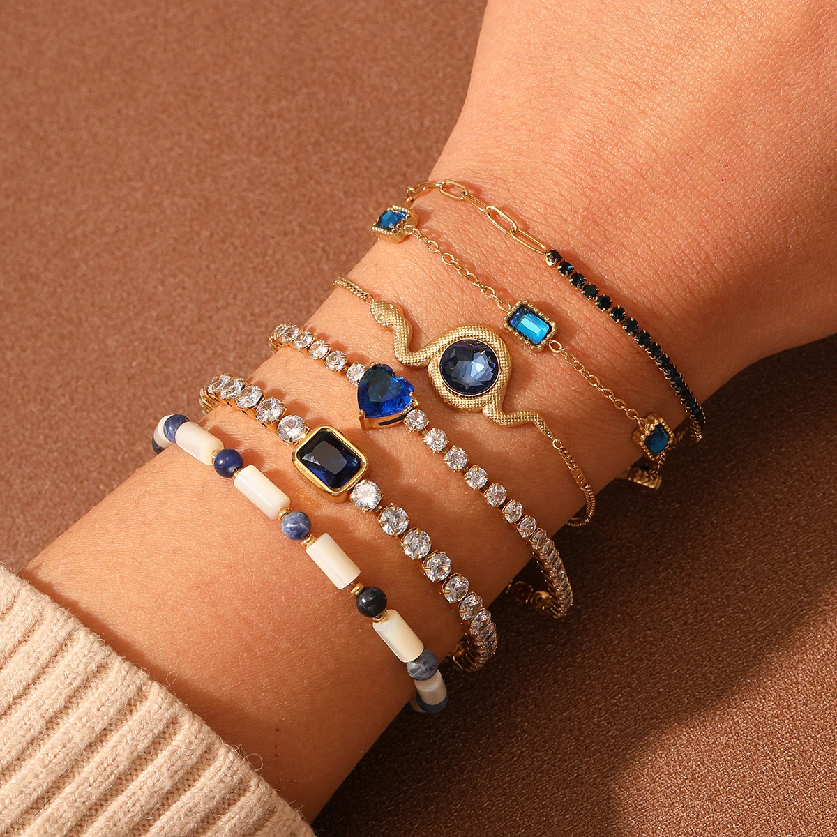 Blue Bamboo Natural Stones Beaded Titanium Steel Bracelet Women Paired Luxury Stainless Steel Jewelry Adjustable Bracelets