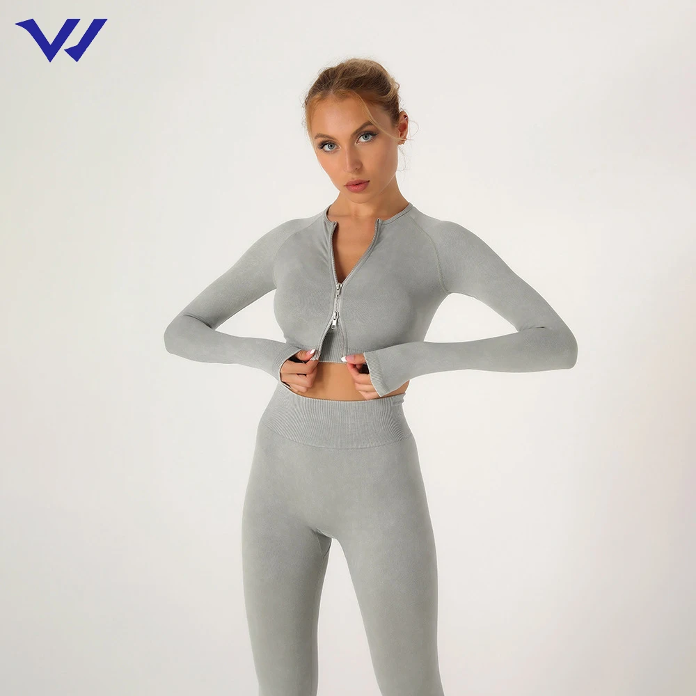 High quality stretchy training acid washing seamless yoga  outfits set Long sleeves women yoga Activewear