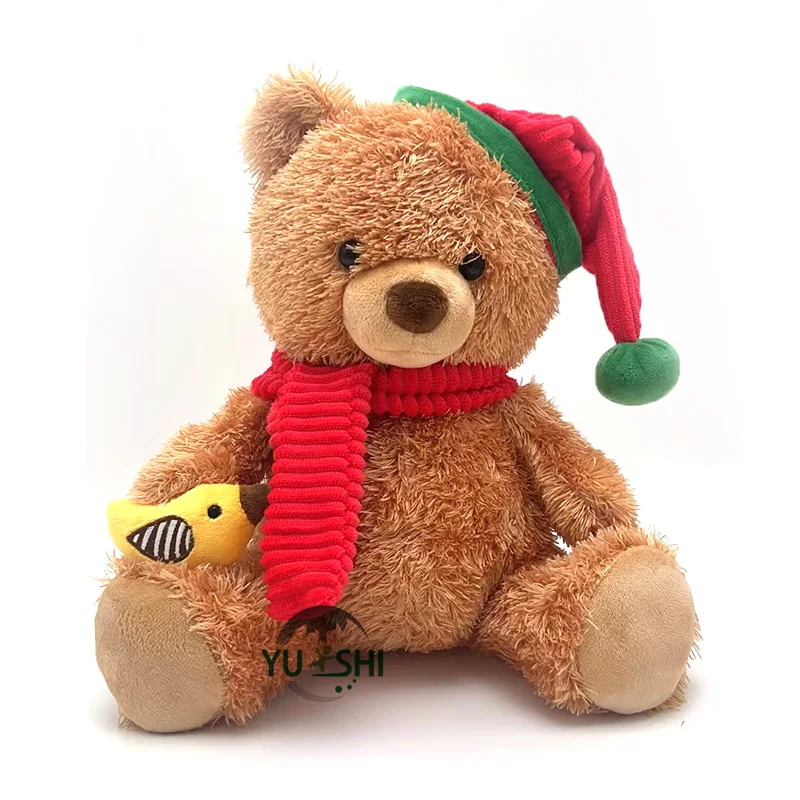 Custom New Big Stuffed Plush Toy Brown Kids Gift Hat Scarf Christmas Teddy Bear