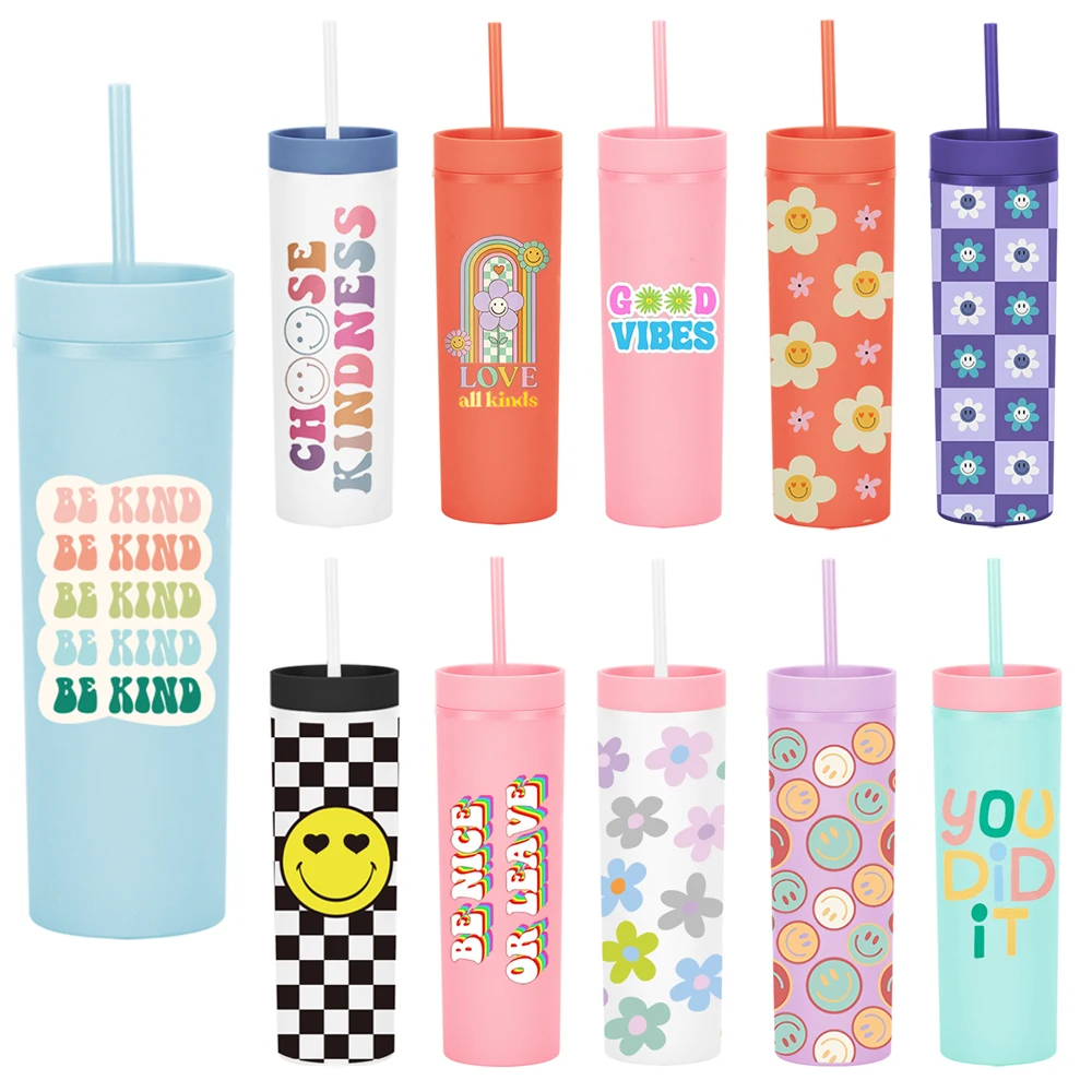 Fancy Cute Creative fashion Designed Pattern Double Wall Acrylic BPA-free Water Bottle Tumbler With Reusable Straw For Kids Home
