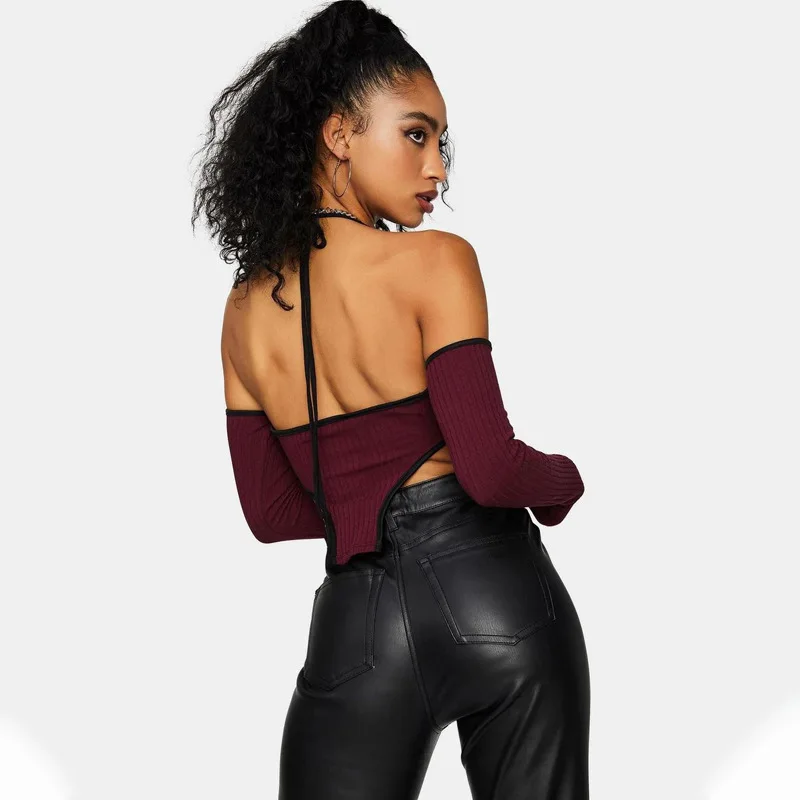 
Long sleeve vest with straps and neck straps Hot girl street style tops Solid color crop tops 