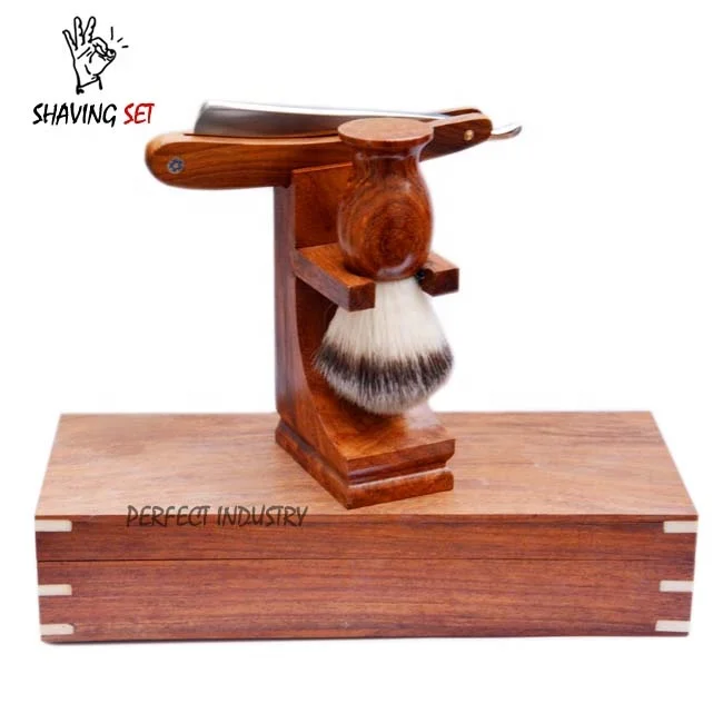 Luxury Wooden Men Grooming 3pc Gift Box set Shaving Razor Shaving Brush & Wooden Box set custom logo and packing