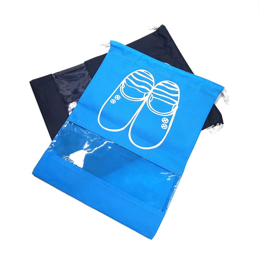 Fashional reusable non woven drawstring shoe bag with PVC window