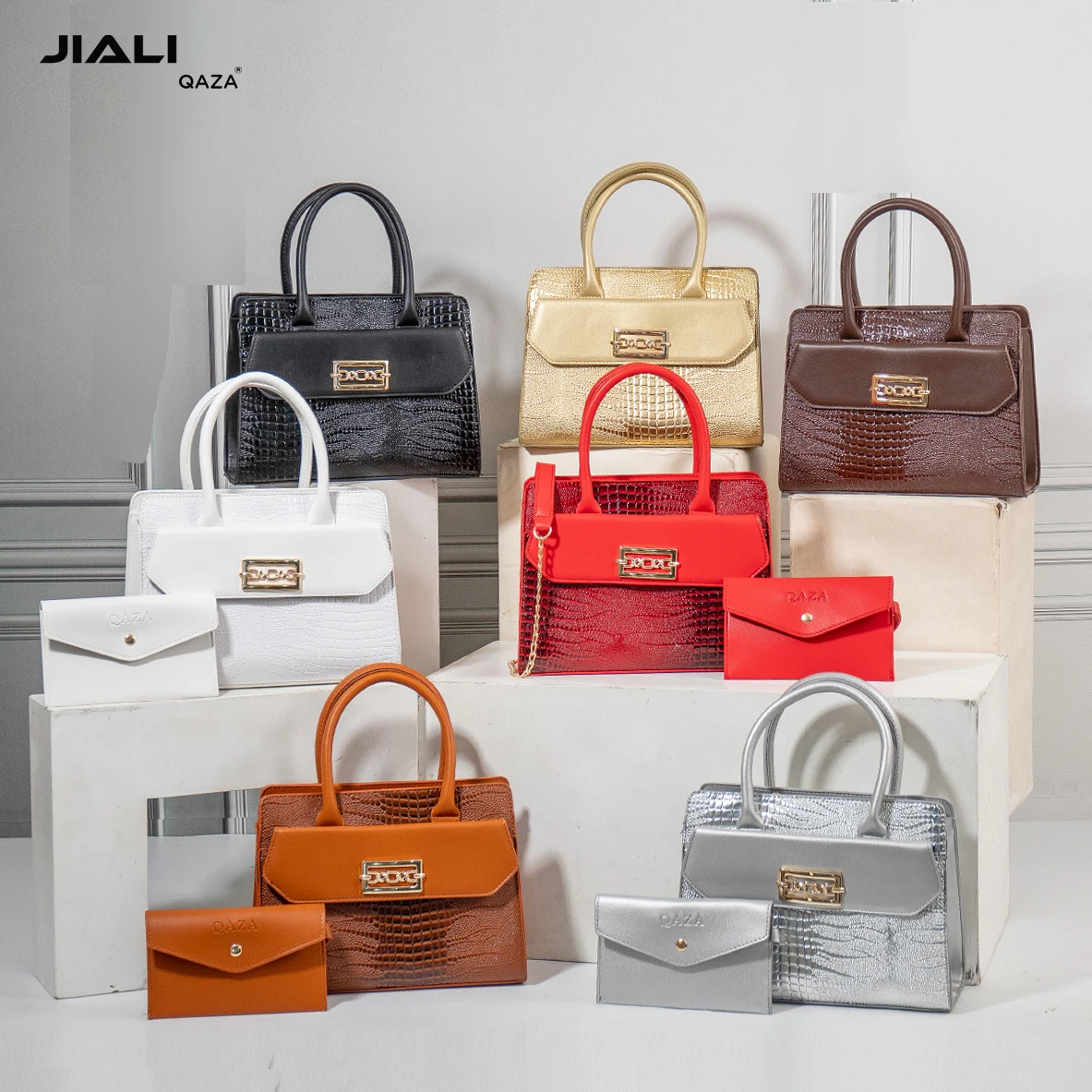 QAZA wholesale luxury women high end crocodile handbags 2024 new fashion design PU leather 2 in 1 ladies shoulder hand bags set