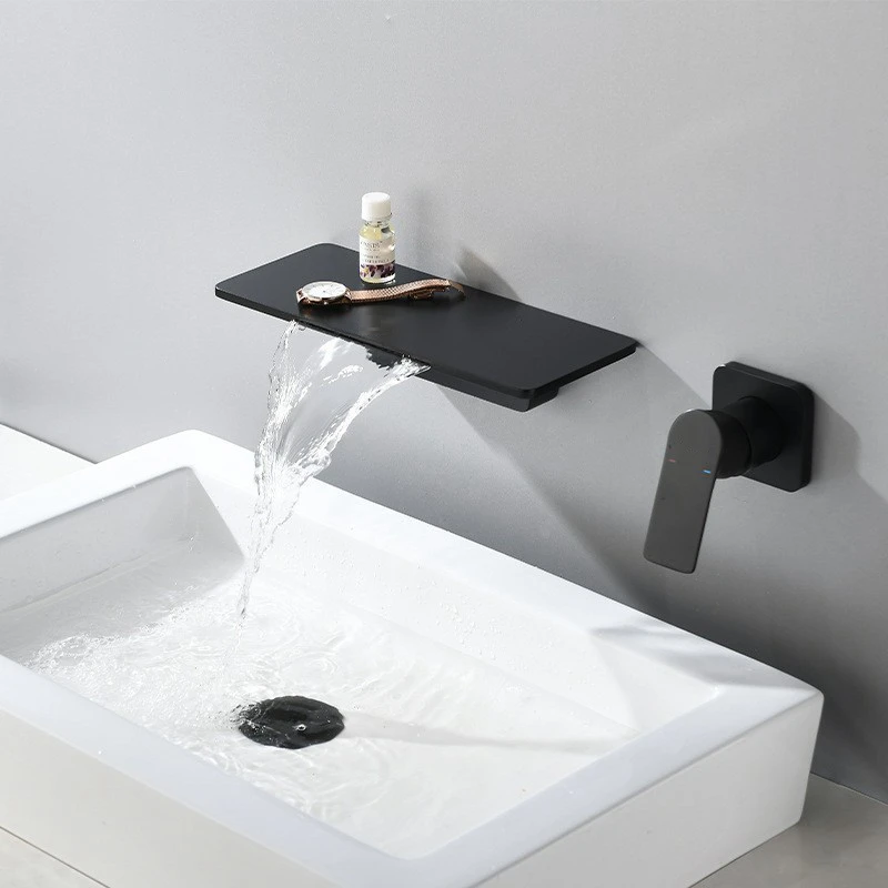 Bathroom Basin Waterfall Faucet Flat Flaky Wall Mounted Two Hole Wash Face Basin Tap Hot Sales Brass Modern Contemporary Ceramic