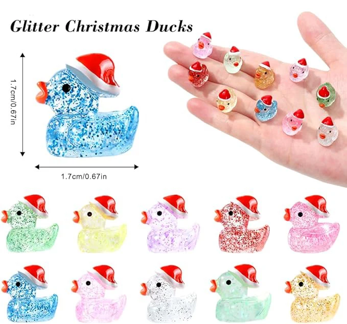 Christmas Mini Glitter Ducks Colorful Tiny Small Little Resin Miniatures Ducks Figures for Xmas Gift Party Favors Decor