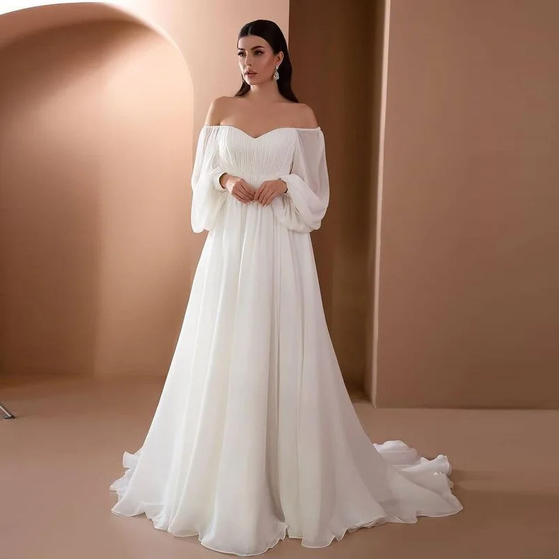Women Off Shoulder Evening Dress Puff Sleeve Prom Dress Romantic Lady White Simple Formal Wedding Bridesmaid Evening Dress