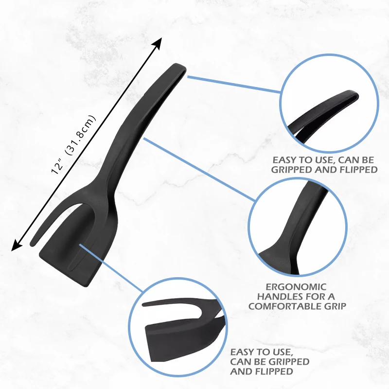 Multi Function Black Kitchen 2 in 1 Silicone Flip Fried Fish Egg Steak Double Spatula Food Tongs