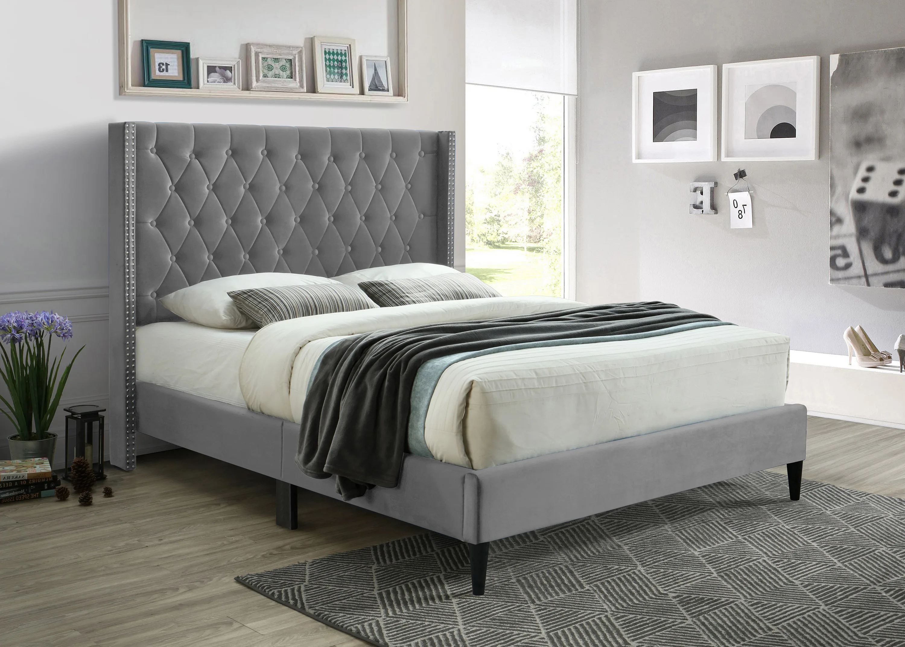 New Trending Design Amelia Premium Upholstered Bed With Buttons And Studding In Velvet Upholstery Material Blue Queen Size Bed