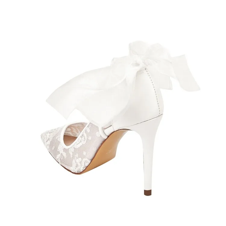 12CM Pointed Lace Stiletto Fashion Women Pumps Sexy Shoes White Lace Wedding Heels Ankle Strap Talon Haut Luxury for Bride PU