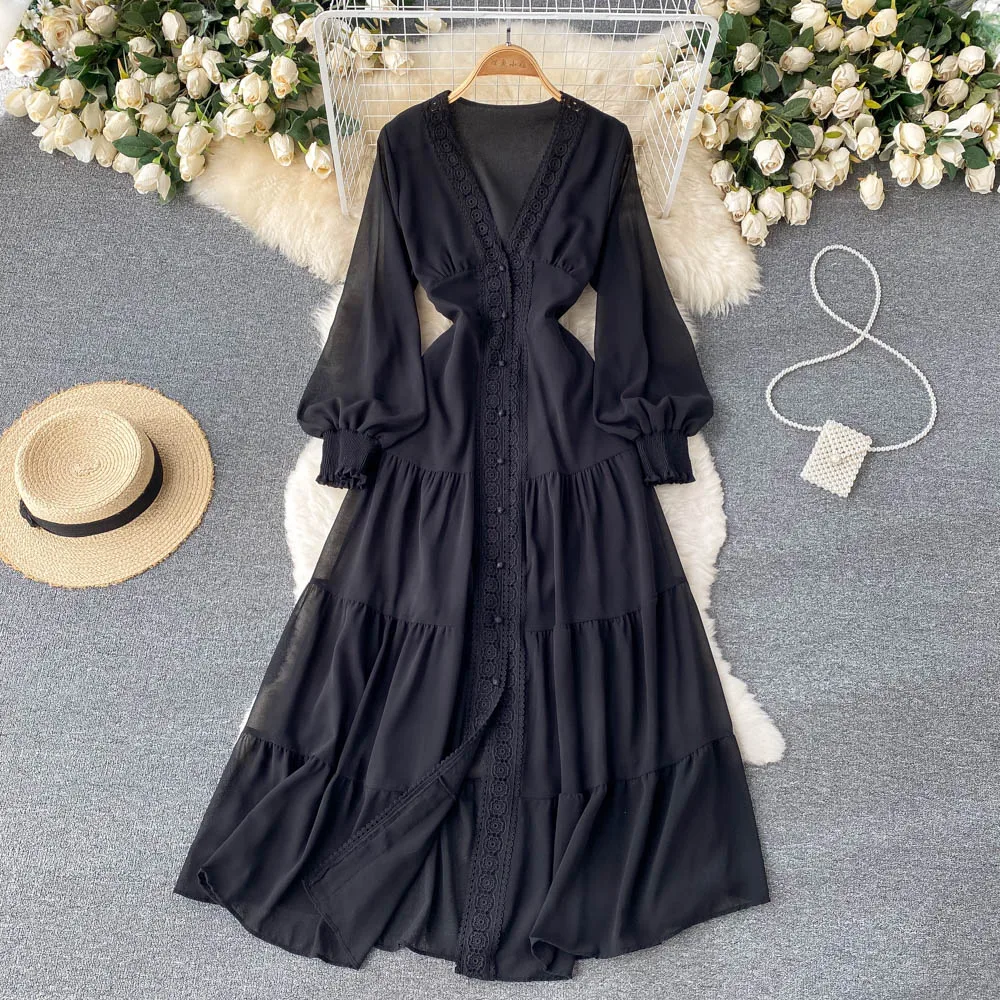 Custom wind lace v-neck dress waist slimming embroidery solid color dress
