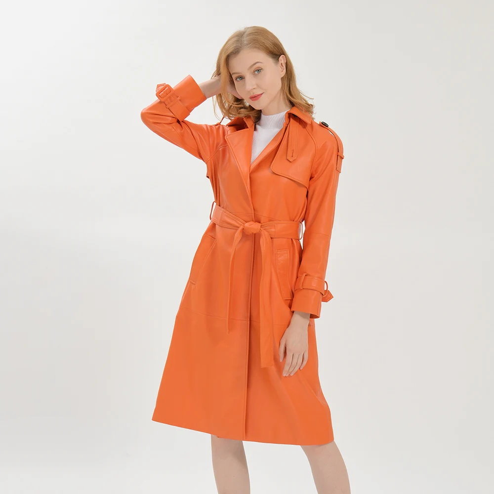 Spring Wholesale High Quality Genuine Sheepskin Leather Trench Coats Belt Design Custom Leather Long Coat Women