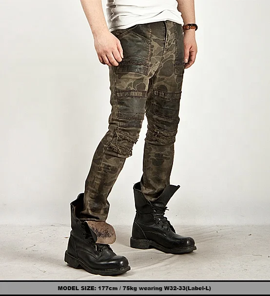 Hardcore Vintage Wax Coated Camouflage Slim Biker Jeans Stylish Jeans