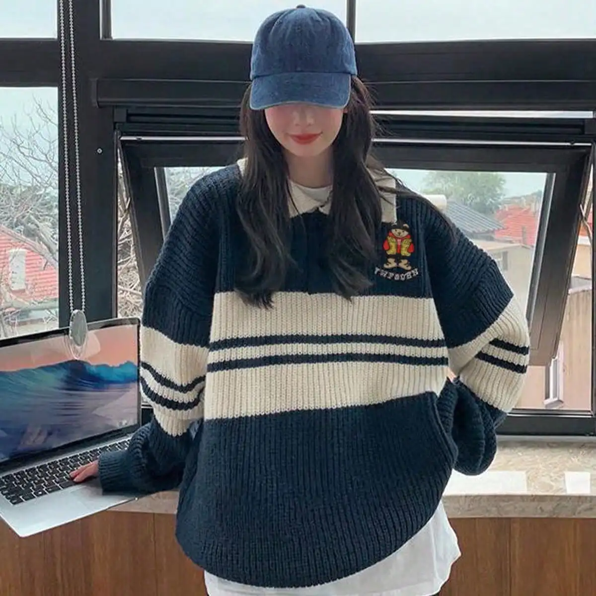 Harajuku Striped Sweater Women Preppy Knitted Female Jumper Korean Knitwear Polo Neck Button Pullover Aesthetic Oversized