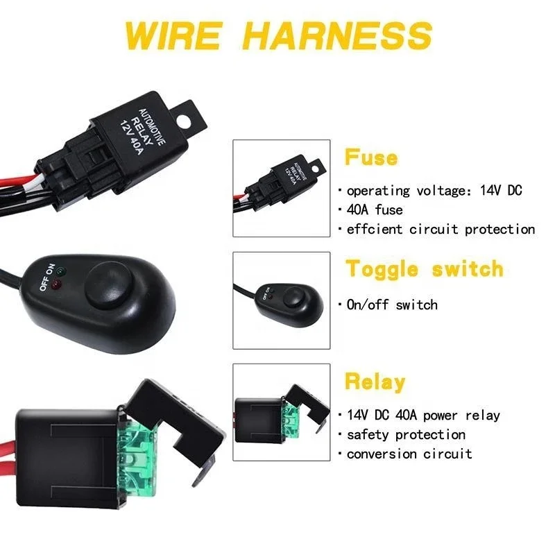 Car Wiring Harness Switch Relay Kit For 2 LED Work Light Bar Cable Auto Offroad Driving Lamp With Switch Fuse 40A 12V Auto Parts