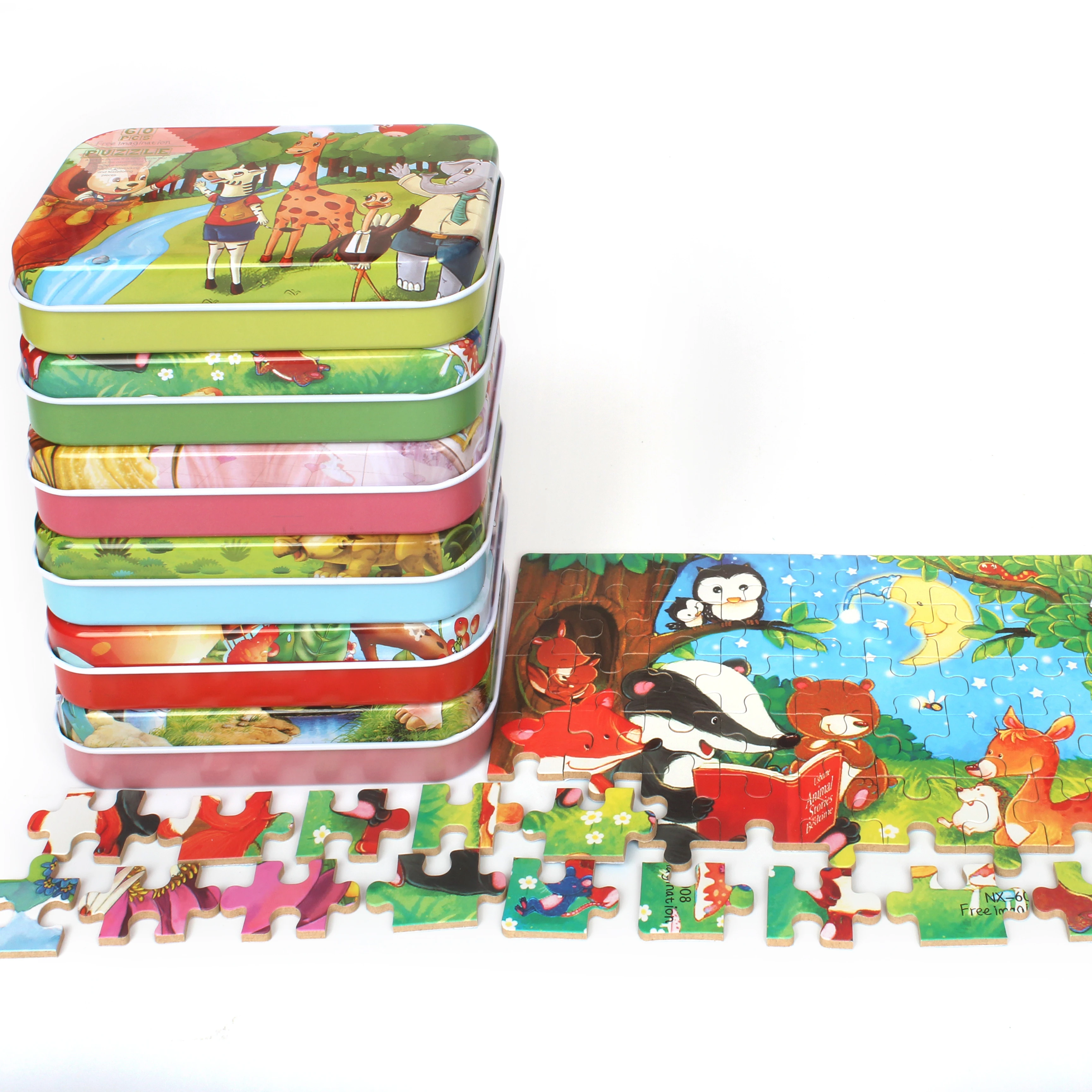 60PCS Wooden Jigsaw Iron Box Set Cartoon Characters Animal Early Educational Puzzle Toy
