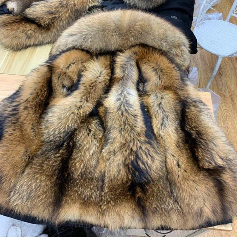 2022 Women Fashion Winter Fur Coats Luxury Men Real Raccoon Fur Parka Coat With Huge Hood Ladies Super Nice Quality Fur Jacket