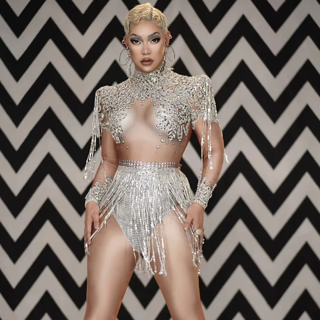 Sparkly Sequin Tassel Bodysuits Short Skirts Two Piece Set Festival Exotic Singer Dancer Outfits Women Stage Performance Costume