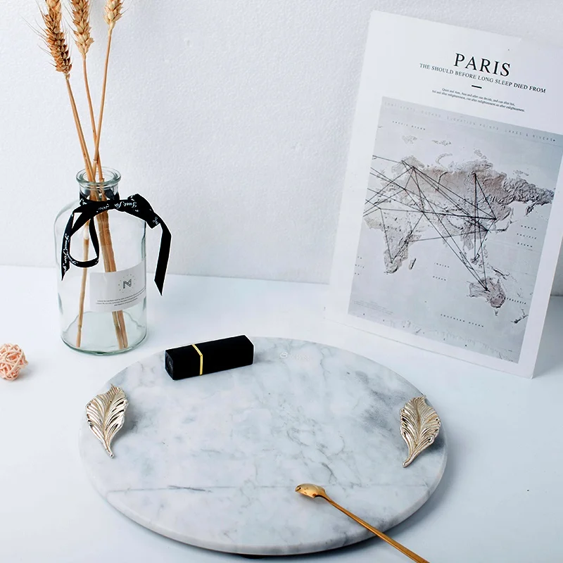 Wholesale Marble Cheese Board Marble Tray and Plate with Gold Leaves Handle