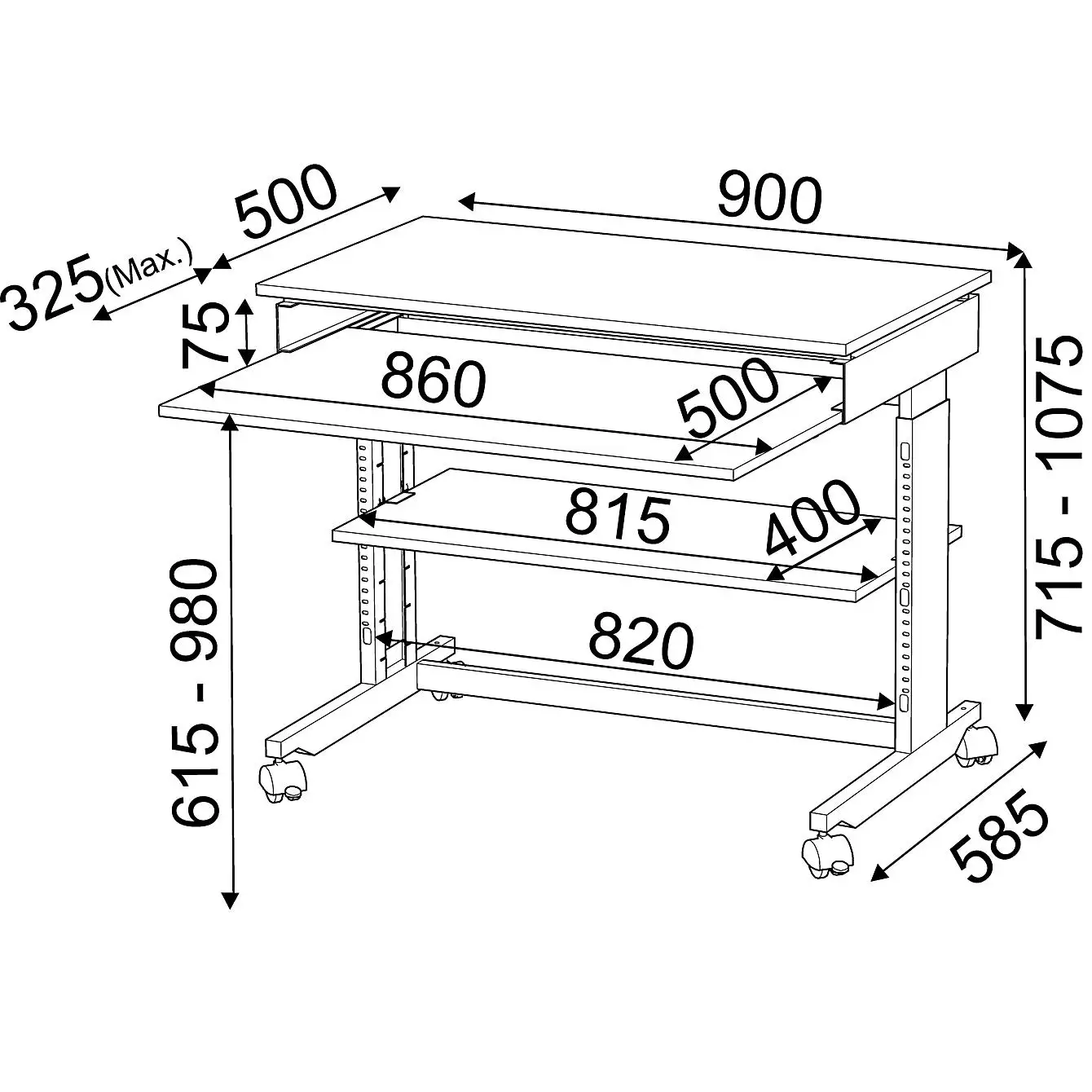 Twinco PC workstation Work standing or sitting Lift height adjustment Four double swivel castors, two with wheel stops Computer