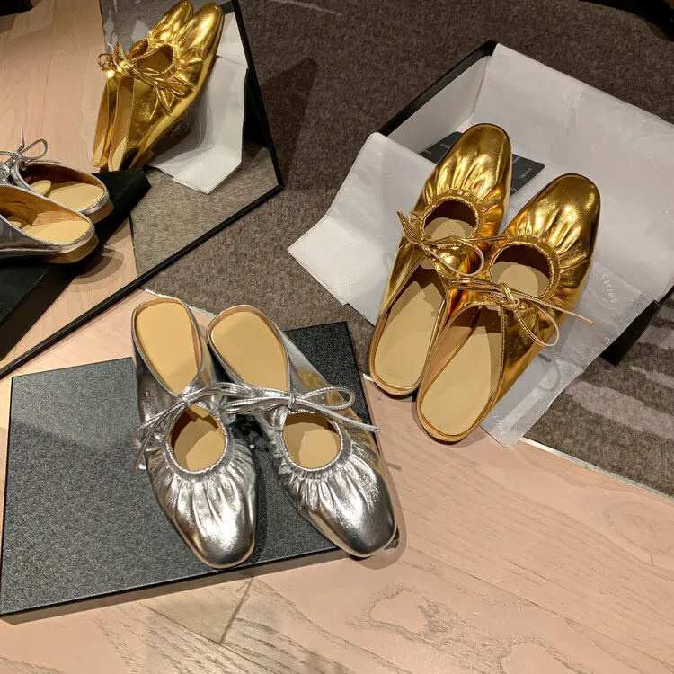 Xinzirain Custom Latest Ladies Casual Slip On Shoes Close Toe Gold Silver Genuine Ballet Leather Women Flat Mule Shoes