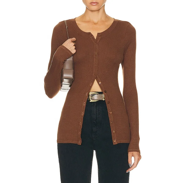 Latest fashion design high quality elegant fitness wide neck long sleeve soft shirts for women brown blouses