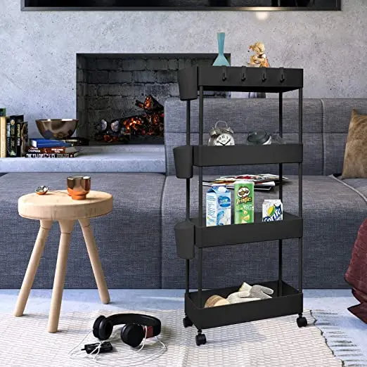 4-Tier Slim Rolling Utility Cart Storage Shelves Trolley Storage Organizer Shelving Rack  Mesh Baskets Wheel Casters