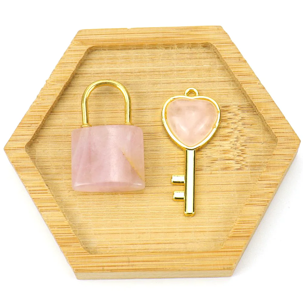 Creativity natural stone Love key lock pendant necklace gemstone jewelry crystal rose quartz amethyst pendant for couple